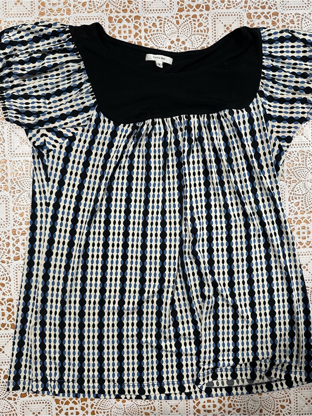 Sophie Max Blue Black Geometric Puff Sleeve Blouse Women’s Medium